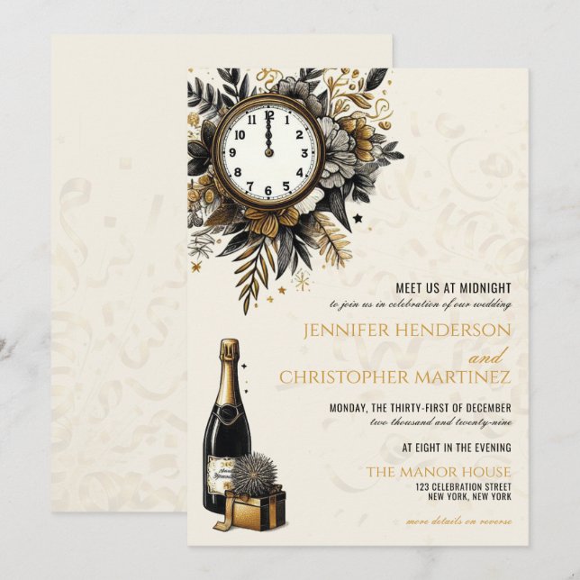 Invitación a la boda de Año Nuevo Negro y Oro (Anverso / Reverso)