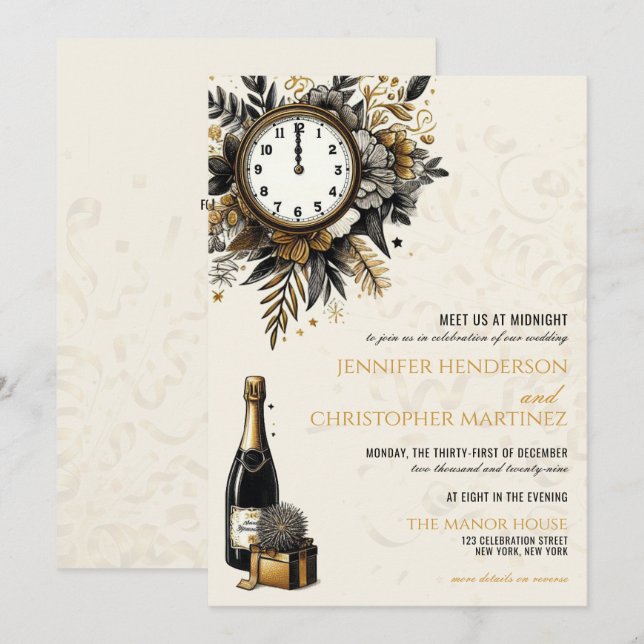 Invitación a la boda de Año Nuevo Negro y Oro Eve  (Anverso / Reverso)