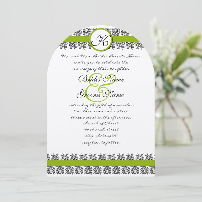 Invitación a la boda de Apple Green Damask Borders (Anverso de pie)