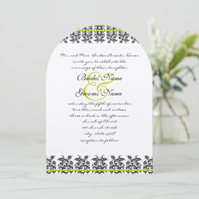 Invitación a la boda de Apple Green Damask Borders (Anverso de pie)