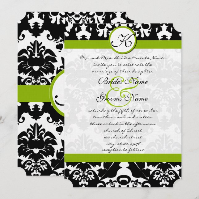 Invitación a la boda de Apple Green Damask Swirls (Anverso / Reverso)
