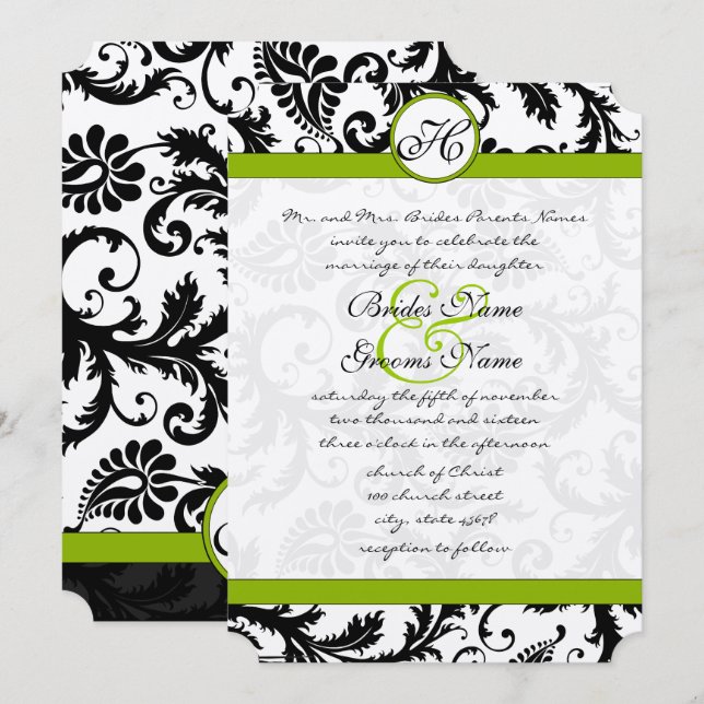 Invitación a la boda de Apple Green Damask Swirls (Anverso / Reverso)