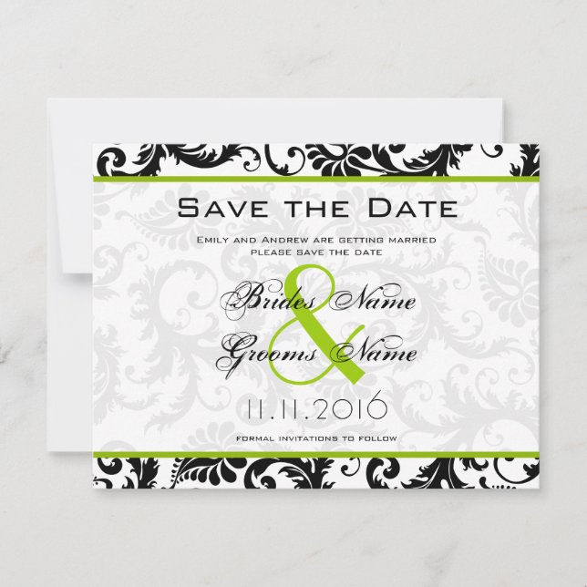 Invitación a la boda de Apple Green Damask Swirls (Anverso)