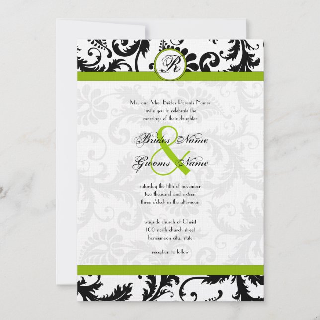 Invitación a la boda de Apple Green Damask Swirls (Anverso)