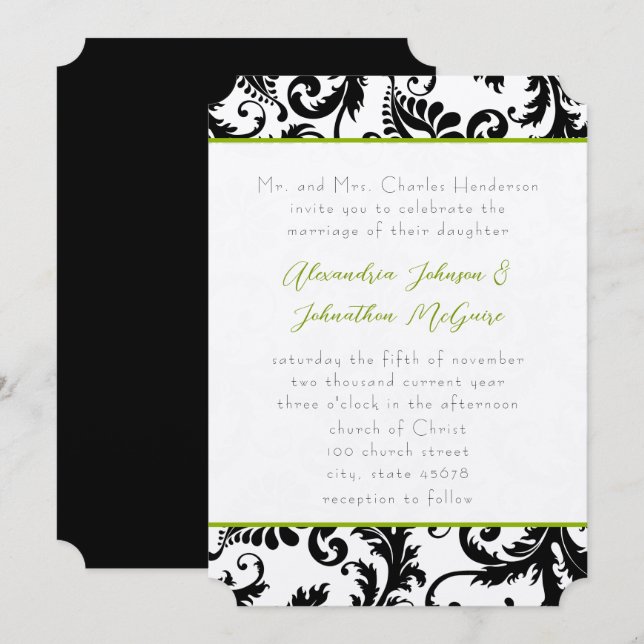 Invitación a la boda de Apple Green Damask Swirls (Anverso / Reverso)