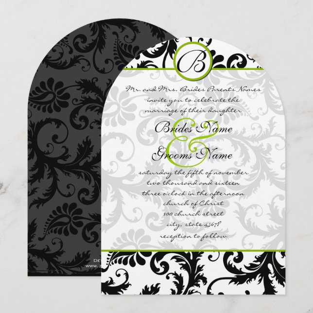 Invitación a la boda de Apple Green Damask Swirls (Anverso / Reverso)