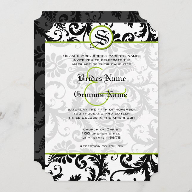 Invitación a la boda de Apple Green Damask Swirls (Anverso / Reverso)