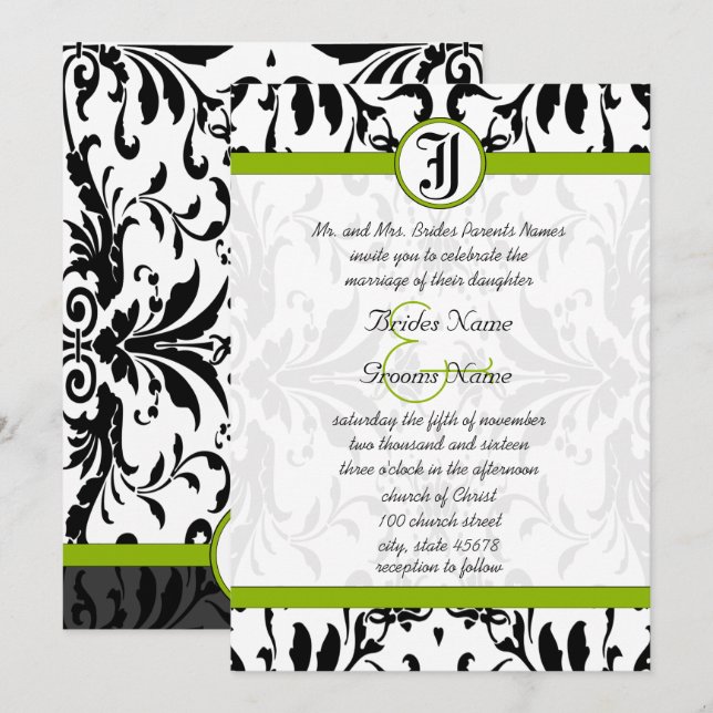 Invitación a la boda de Apple Green y Black Damask (Anverso / Reverso)