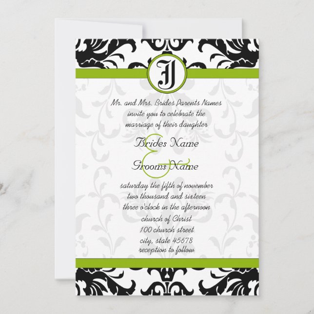Invitación a la boda de Apple Green y Black Damask (Anverso)