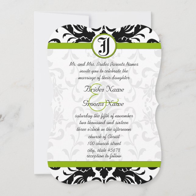 Invitación a la boda de Apple Green y Black Damask (Anverso)
