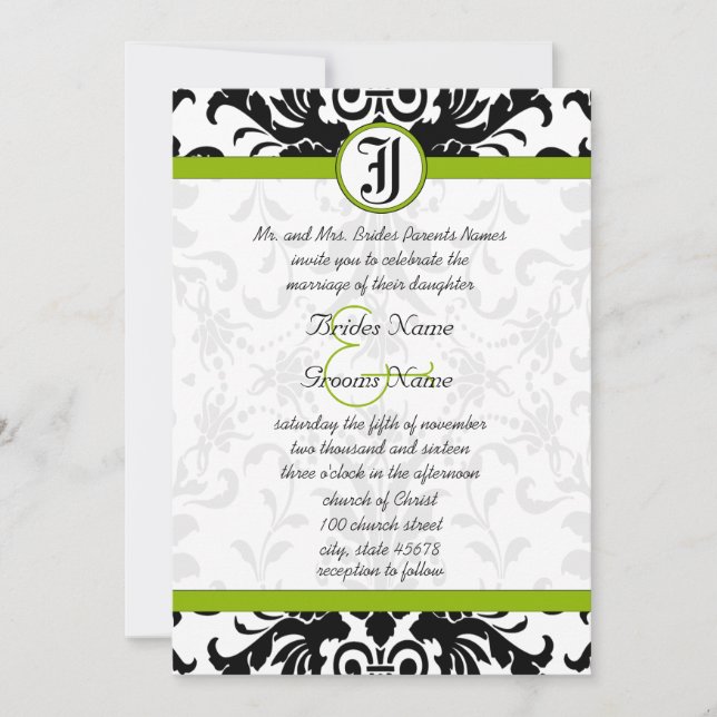 Invitación a la boda de Apple Green y Black Damask (Anverso)