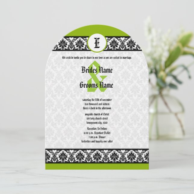Invitación a la boda de Apple Green y Black Damask (Anverso de pie)