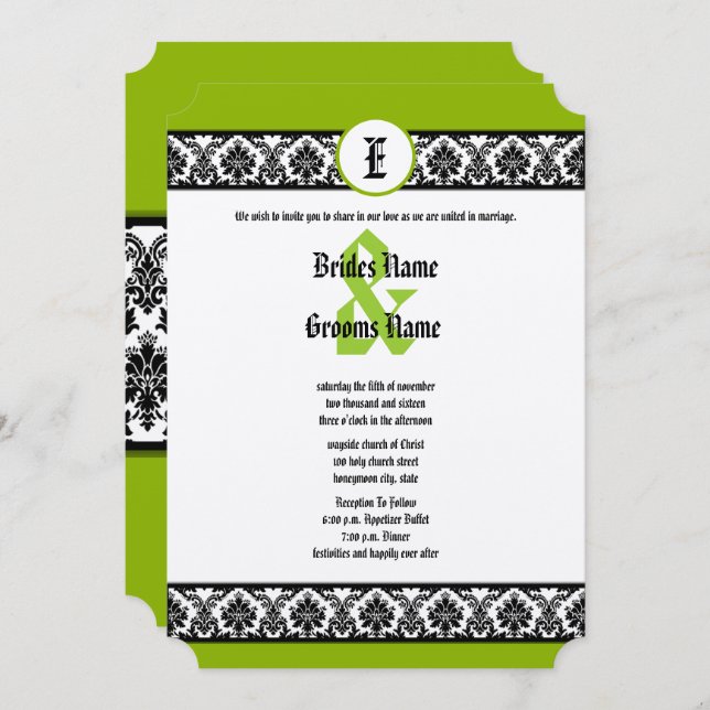 Invitación a la boda de Apple Green y Black Damask (Anverso / Reverso)