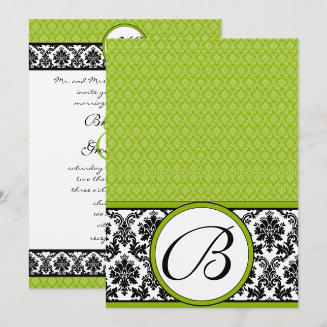 Invitación a la boda de Apple Green y Black Damask (Anverso / Reverso)
