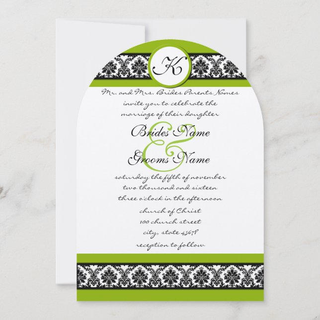 Invitación a la boda de Apple Green y Black Damask (Reverso)