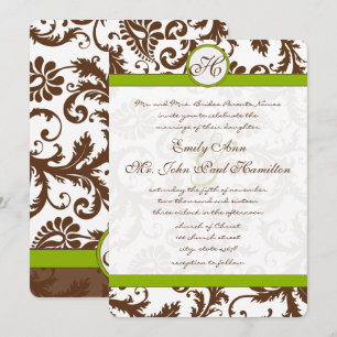 Invitación a la boda de Apple Green y Brown Damask