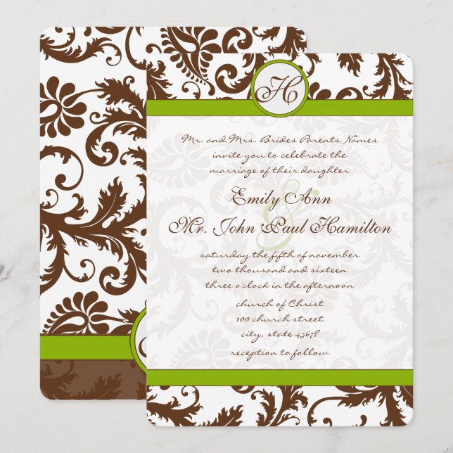 Invitación a la boda de Apple Green y Brown Damask (Anverso / Reverso)