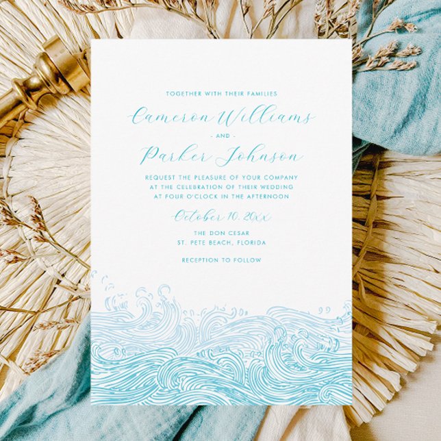 Invitación a la boda de Aqua Blue Ocean Waves Beac (Ocean Waves Beach Wedding Invitation for a Modern Aqua Blue Coastal Wedding by Concertina Press)