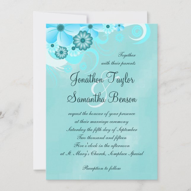 Invitación a la boda de Aqua Blue Sapphire Floral  (Anverso)
