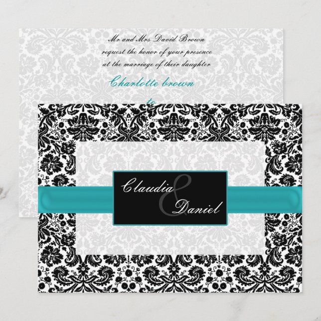 invitación a la boda de aqua damask (Anverso / Reverso)