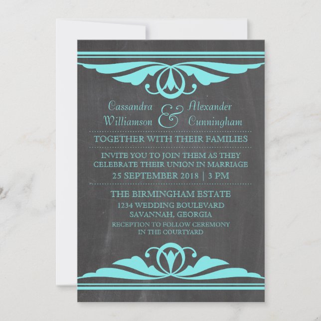 Invitación a la boda de Aqua Deco Chalkboard (Anverso)