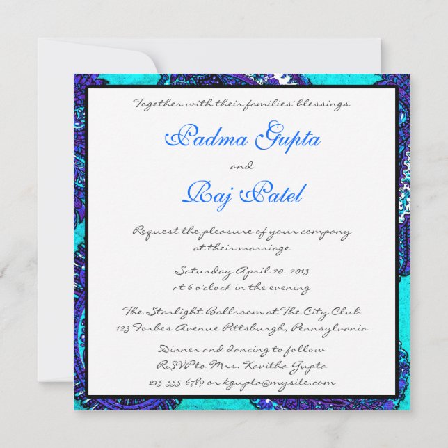 Invitación a la boda de Aqua Paisley Eléctrica (Reverso)