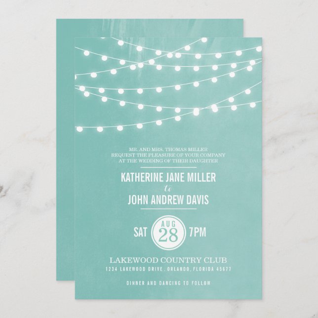 Invitación a la boda de Aqua String Lights (Anverso / Reverso)