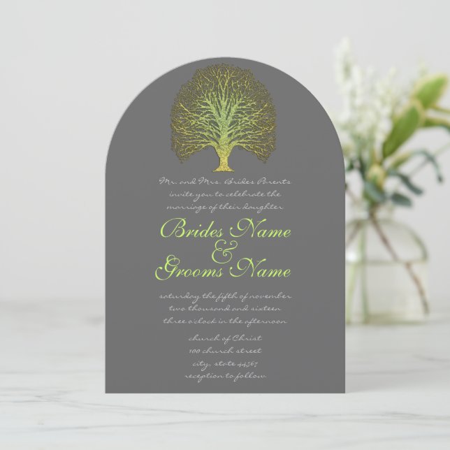 Invitación a la Boda de Árbol de Swirly Green Gold (Anverso de pie)