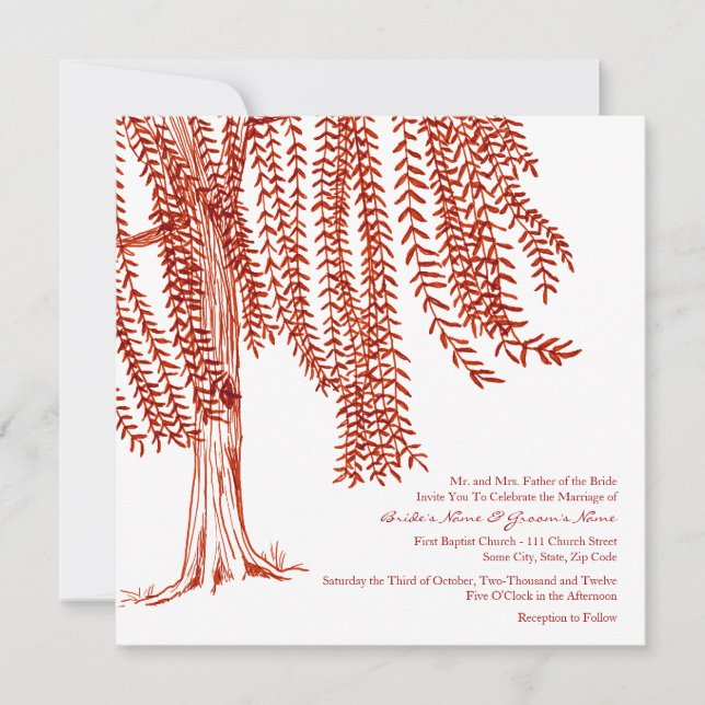 Invitación a la boda de árbol silvestre rojo y bla (Anverso)