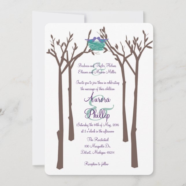Invitación a la boda de árboles y aves modernos (Anverso)