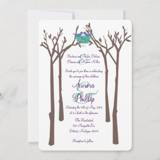 Invitación a la boda de árboles y aves modernos