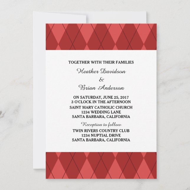 Invitación a la boda de Argyle Rojo (Anverso)