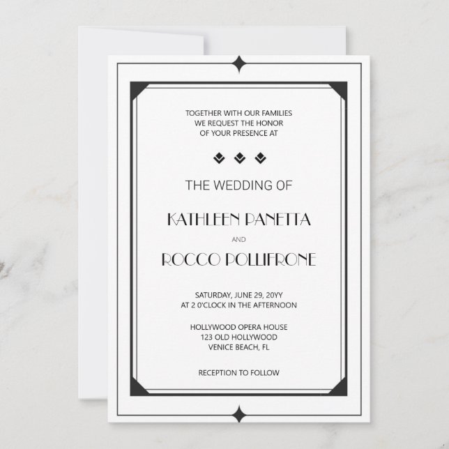 Invitación a la boda de Art Deco Blanco Negro (Anverso)