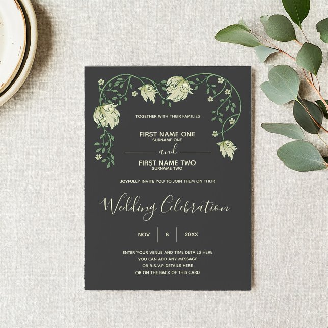 Invitación a la boda de Art Nouveau (Art nouveau wedding invitation with green script and vintage style floral top frame)