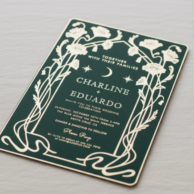 Invitación a la boda de Art Nouveau Green y Gold F (Subido por el creador)