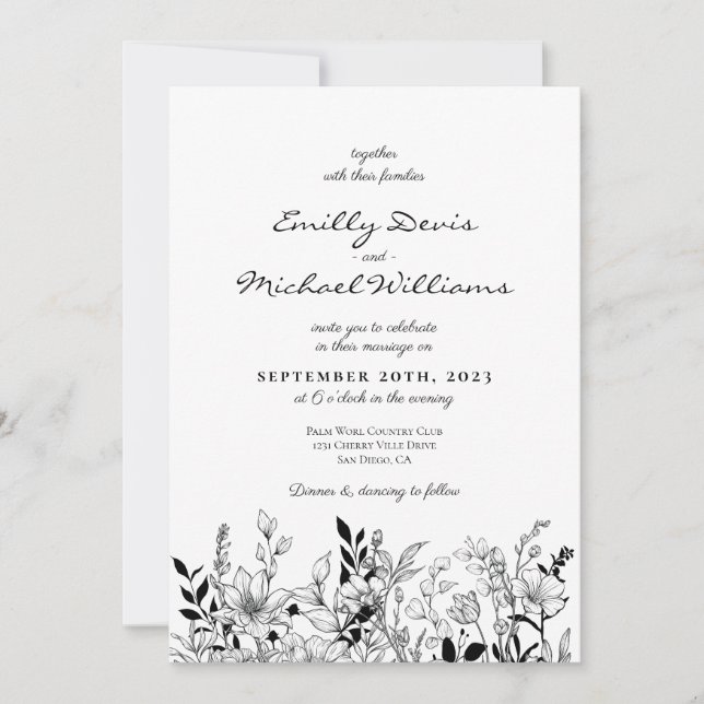 Invitación a la boda de arte floral en blanco y ne (Anverso)