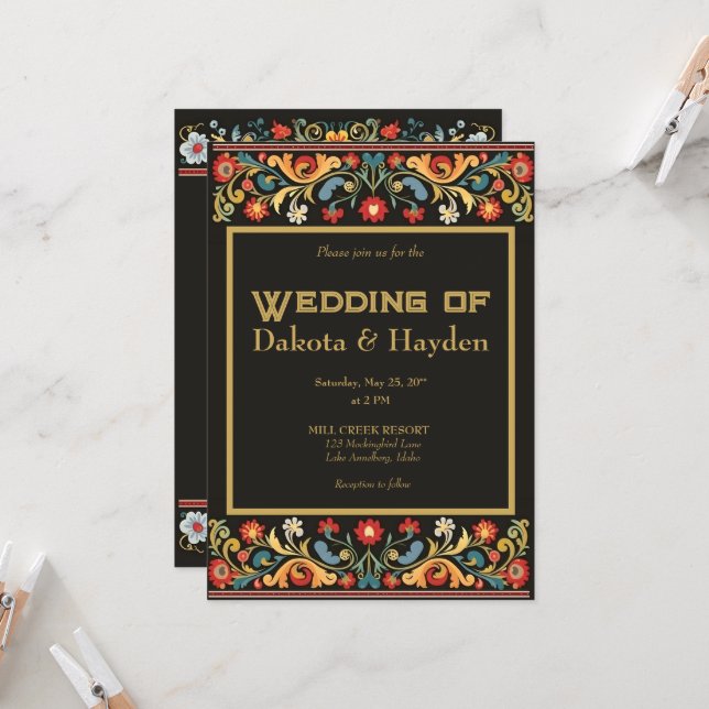 Invitación a la boda de arte folclórico oscuro, es (Anverso/Reverso In Situ)