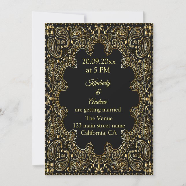 Invitación a la boda de arte Gold Paisley Line (Anverso)