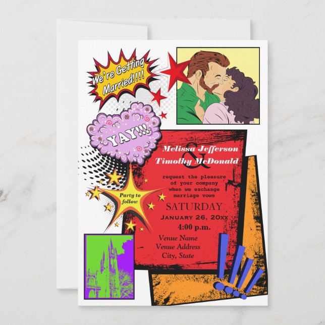 Invitación a la boda de arte pop (Anverso)