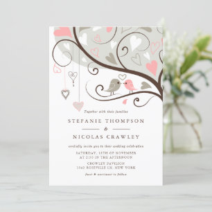 Invitación a la boda de aves amorosas rosas y gris