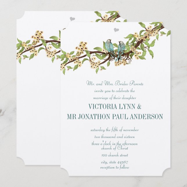 Invitación a la boda de aves azules Aqua, Verde az (Anverso / Reverso)