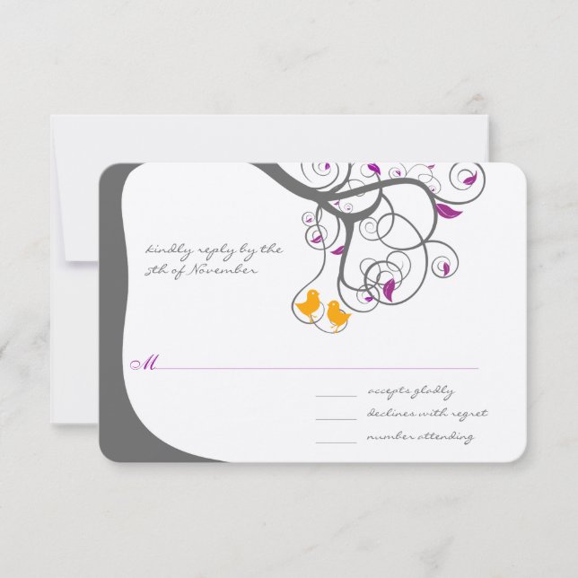 Invitación a la boda de aves con amor en árbol de  (Anverso)