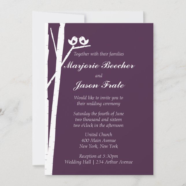 Invitación a la boda de aves de árbol de aves - Pl (Anverso)