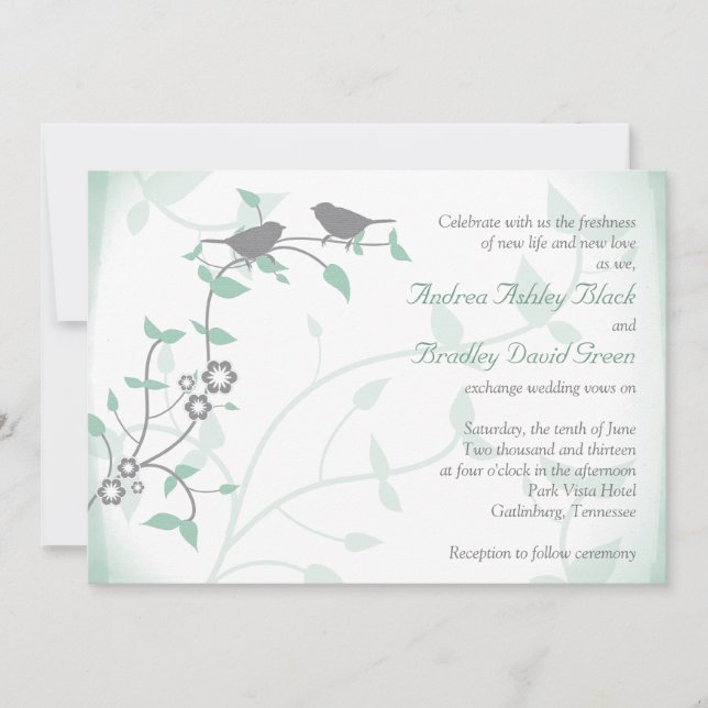 Invitación a la boda de Aves Gris Verdes Mint (Anverso)