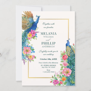 Invitación a la boda de aves pavo real con flores
