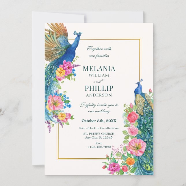 Invitación a la boda de aves pavo real con flores  (Anverso)