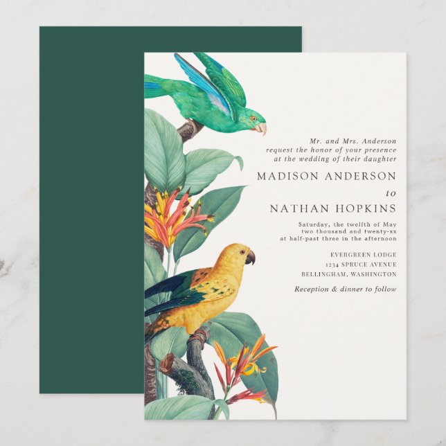 Invitación a la boda de aves tropicales blancas (Anverso / Reverso)