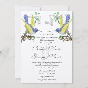 Invitación a la boda de aves ventilares azules y a
