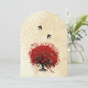Invitación a la boda de Aves Vintage de Árbol Rojo