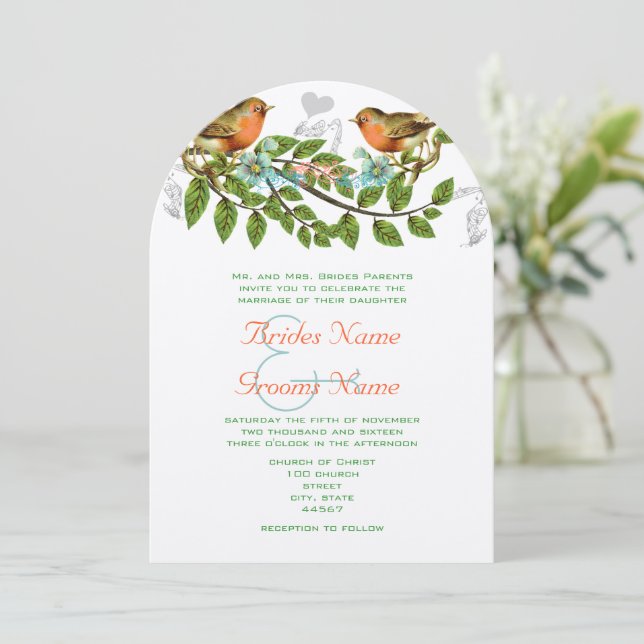 Invitación a la boda de aves vitícolas de Apple Aq (Anverso de pie)